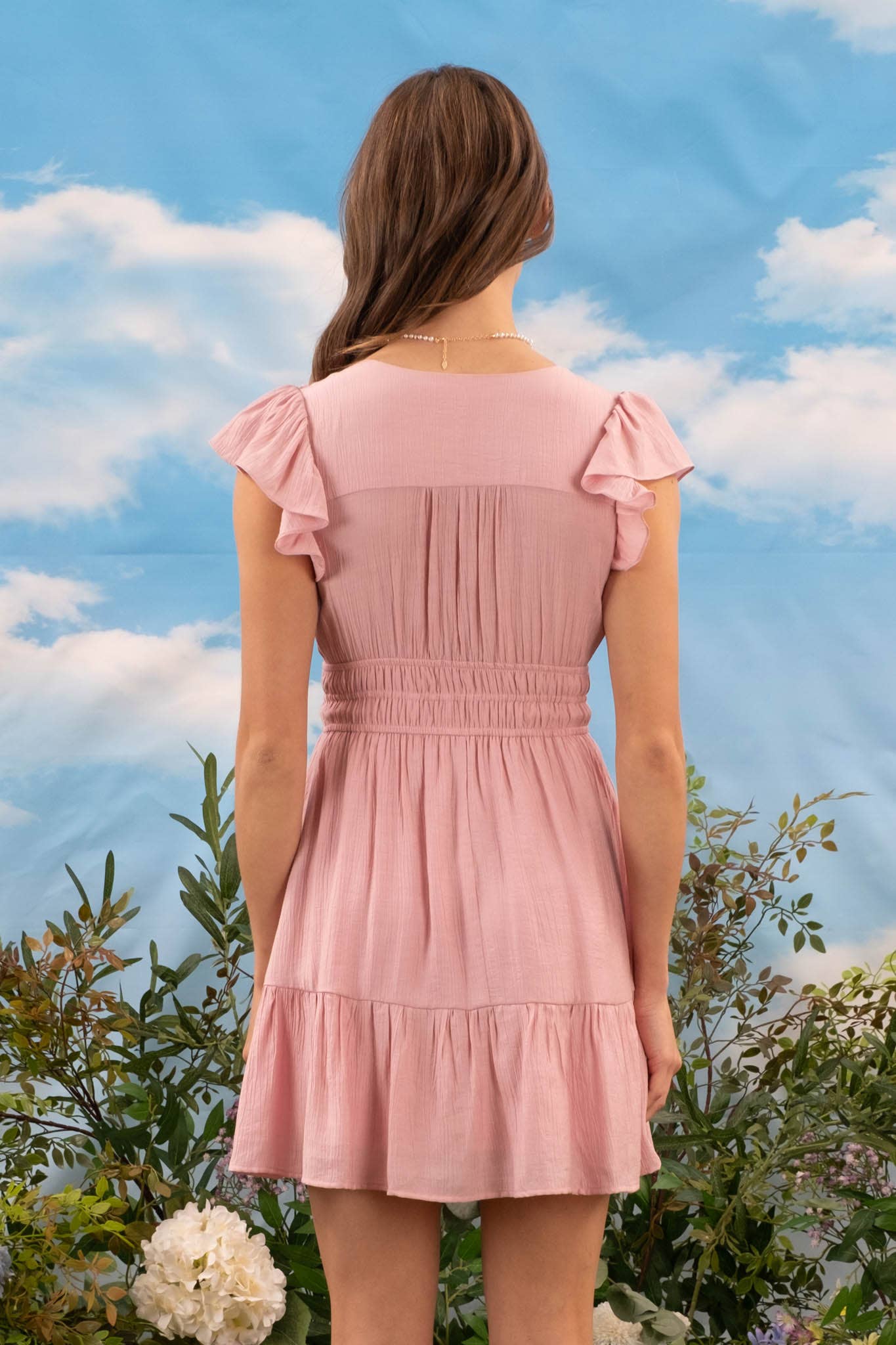V Neck Short Sleeve Ruffle Detail Shirred Mini Dress