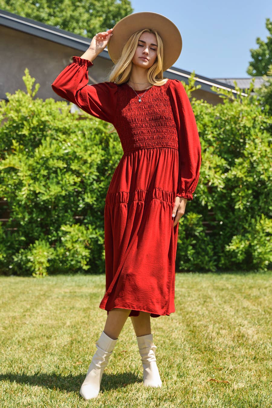 Solid Airflow Smocked Bodice Midi Dress - Red / M Solid Airflow Smocked Bodice Midi Dress - Red / M