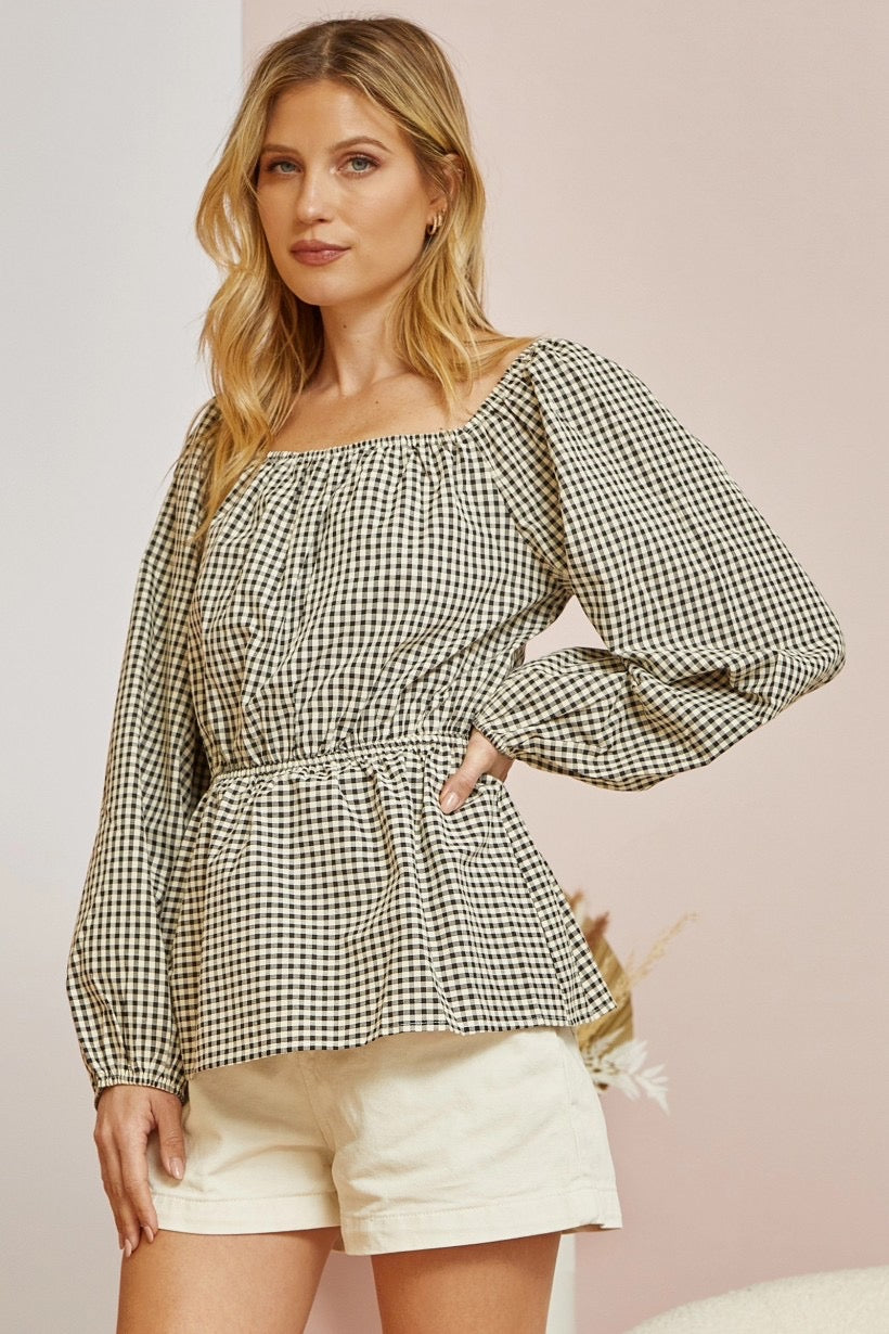 Black & Taupe Gingham Top