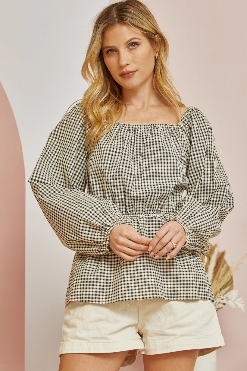 Black & Taupe Gingham Top