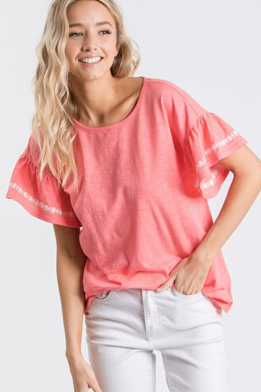 Coral Blouse w/ Ruffle Sleeves