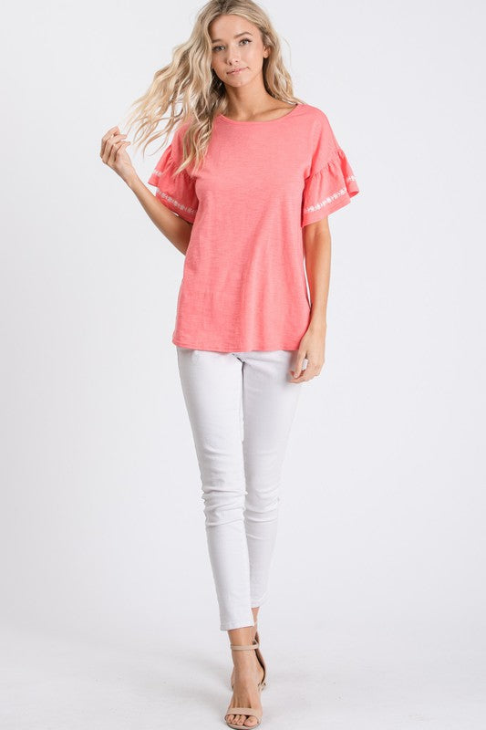 Coral Blouse w/ Ruffle Sleeves