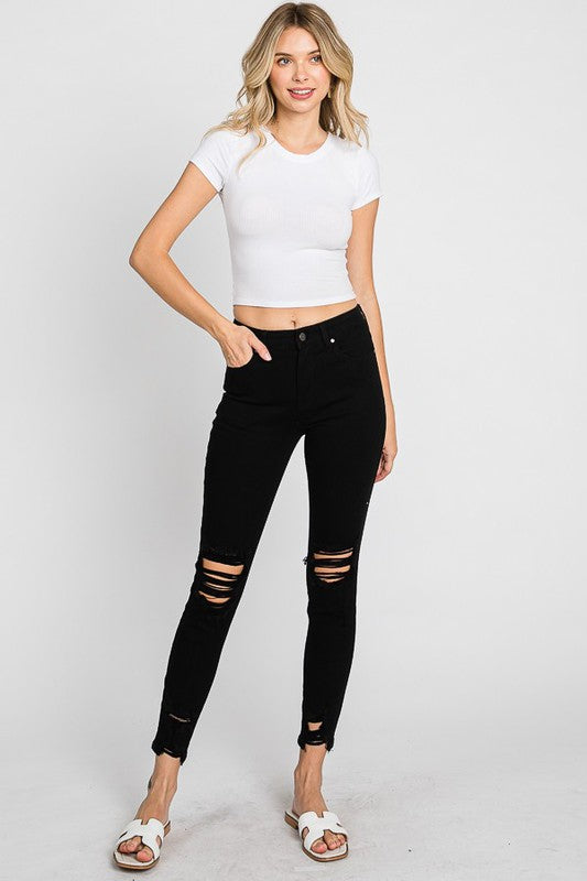 High Rise Black Ankle Skinny Jeans w/ Distressed Hem