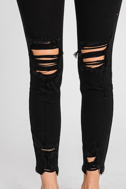 High Rise Black Ankle Skinny Jeans w/ Distressed Hem