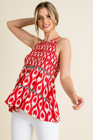 Smocked Tiered Print Top Red