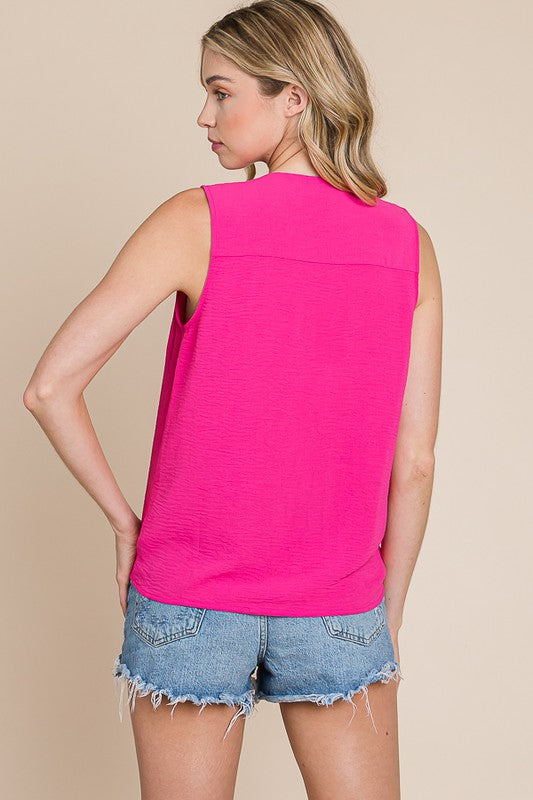 Woven Sleeveless V-Neck Top w/ Tie Detail