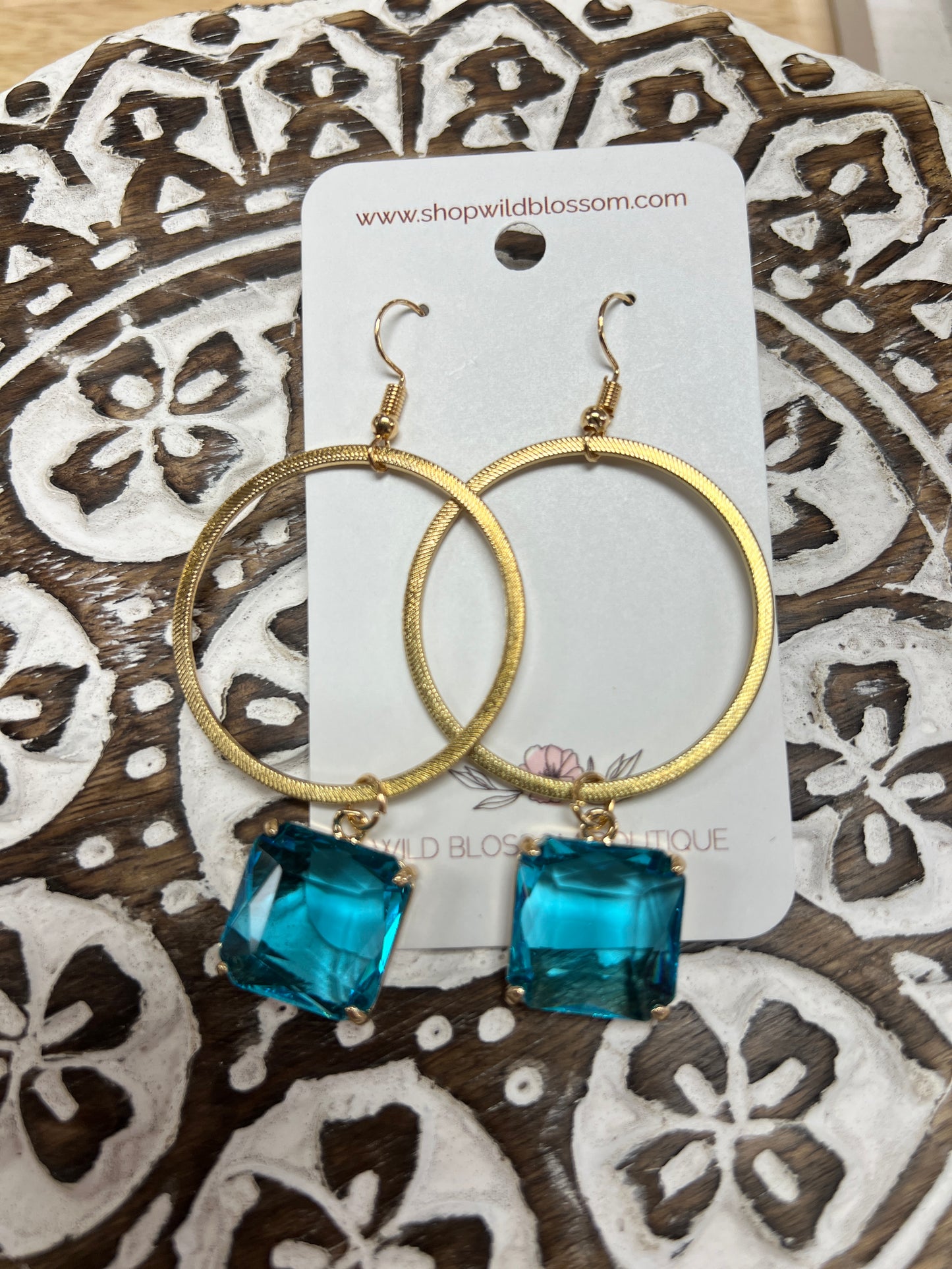 Square Turquoise Pendant on Gold Circle Earrings