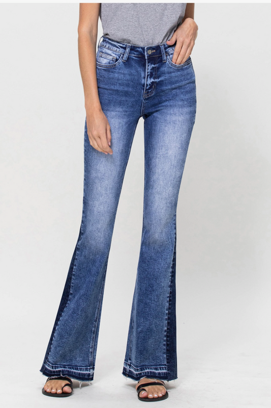 Vervet High Rise Flare Jeans w Contrast Panel and Undone Hem