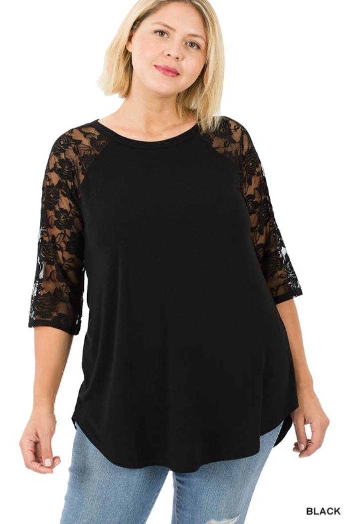 Plus Lace Half Sleeve Round Neck & Round Hem Top