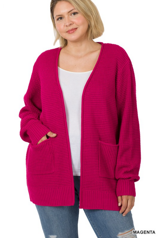 Plus Low Gauge Waffle Open Cardigan Sweater