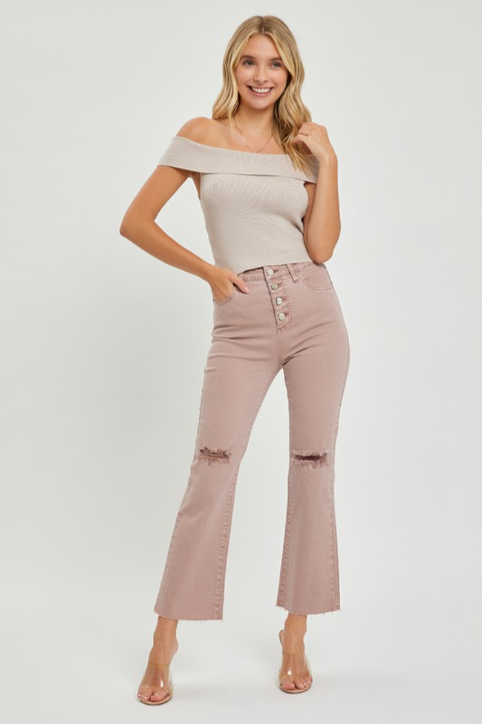 Plus Risen High Rise Button Down Straight Jeans - Mauve