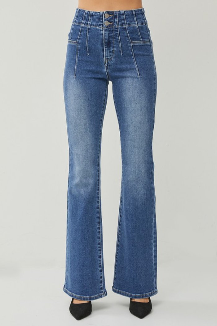 Risen High Rise Front and Back Dark Waist Flare Jeans