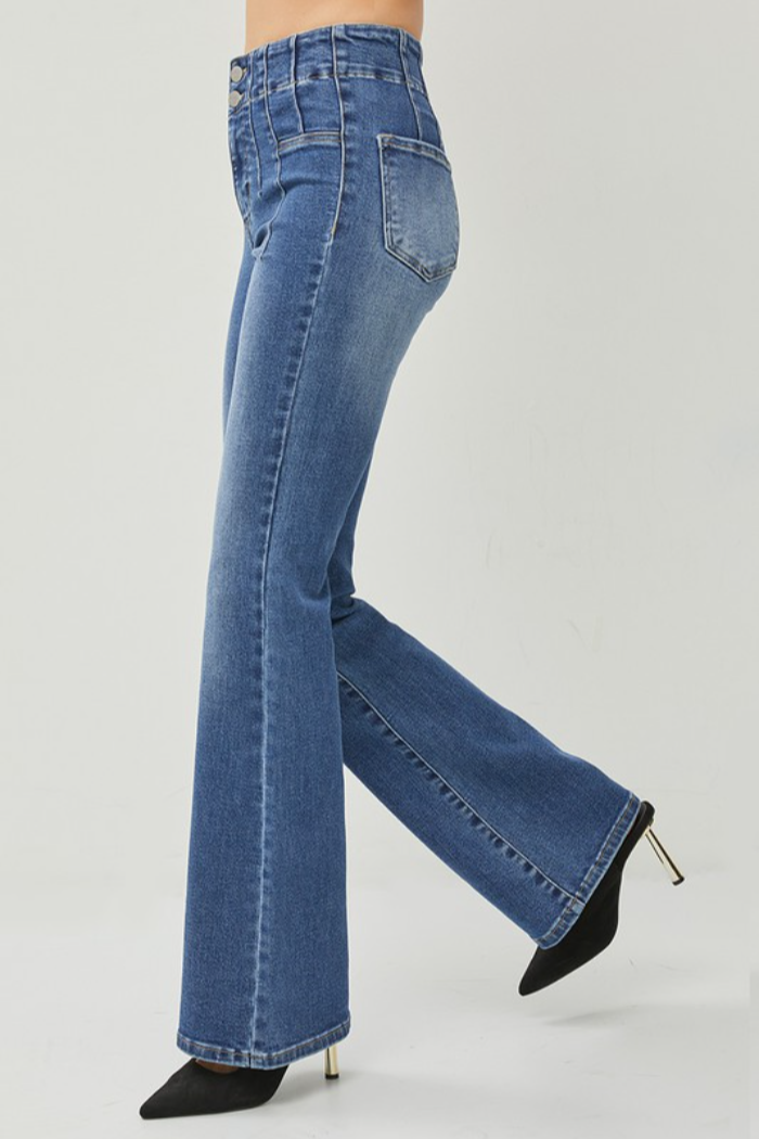 Risen High Rise Front and Back Dark Waist Flare Jeans