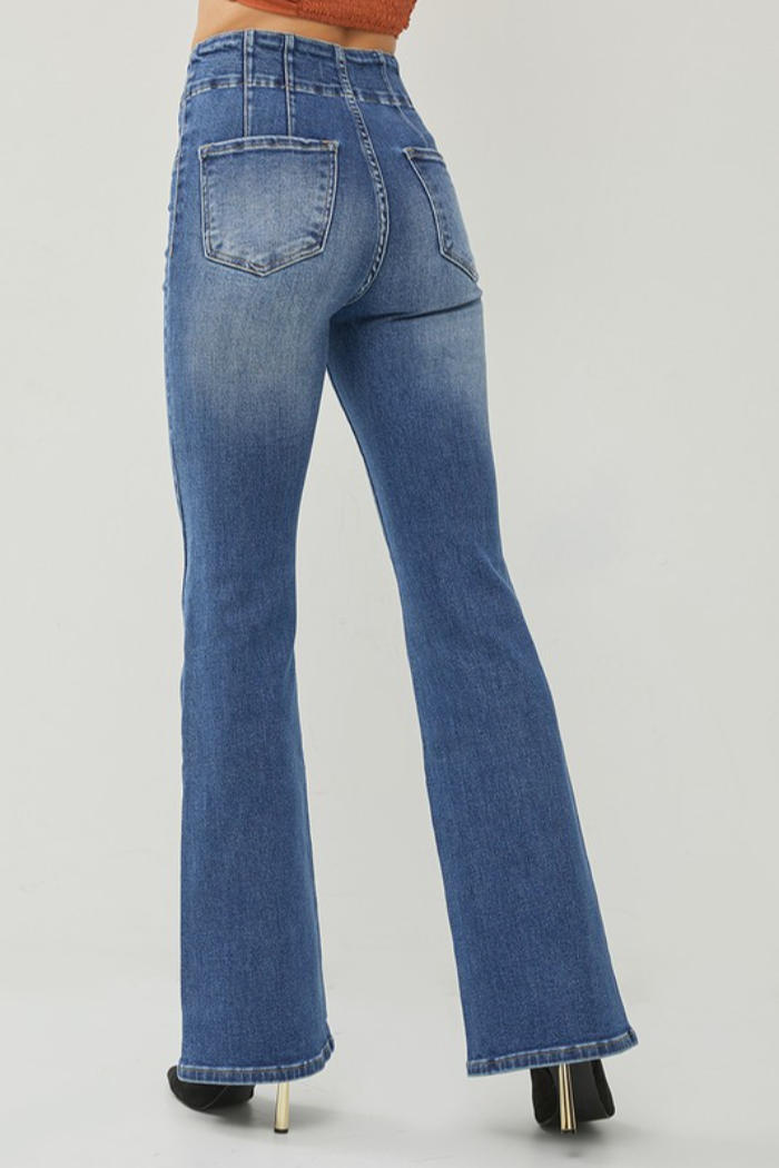 Risen High Rise Front and Back Dark Waist Flare Jeans