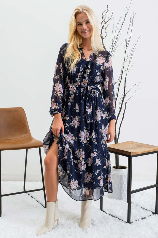 Floral Sheer Yoke L/S Midi Dress