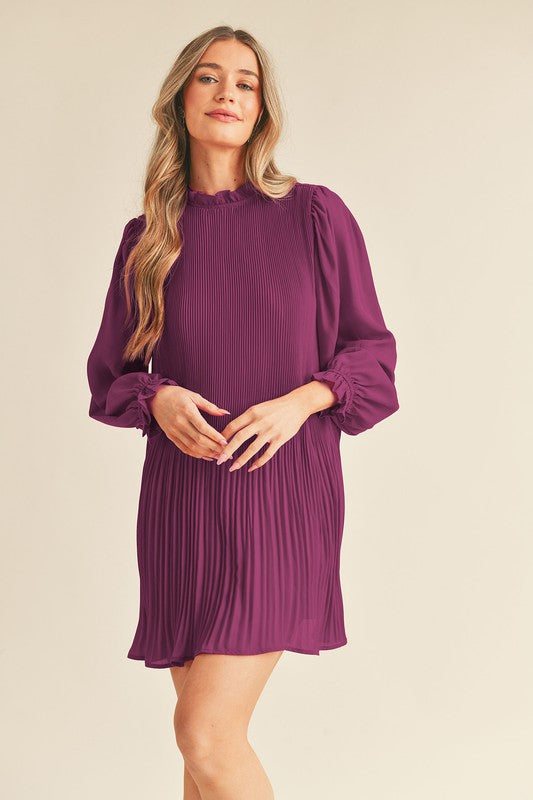 Pleated High Neck Mini Dress