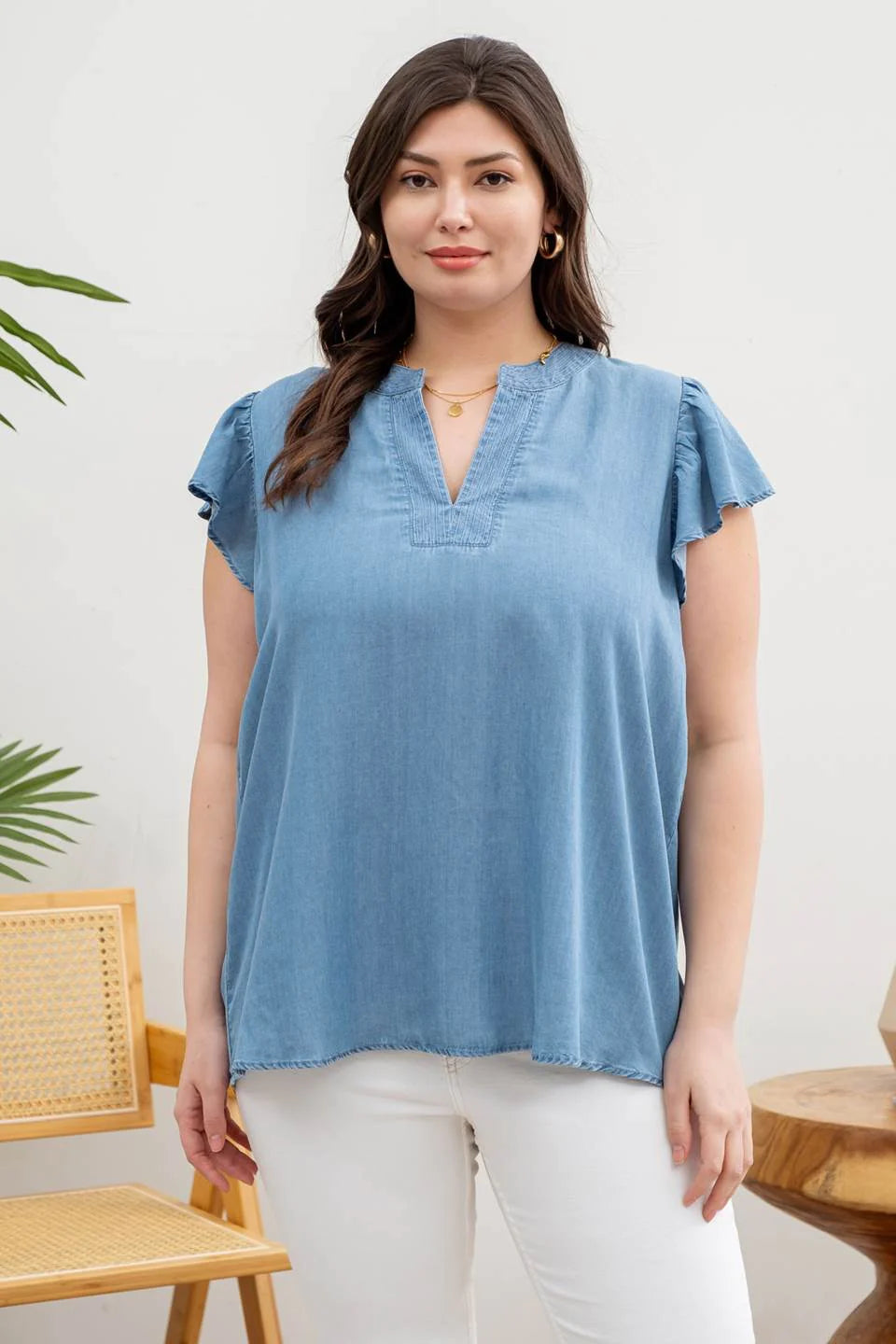 PLUS RUFFLE SLEEVE CHAMBRAY WOVEN TOP