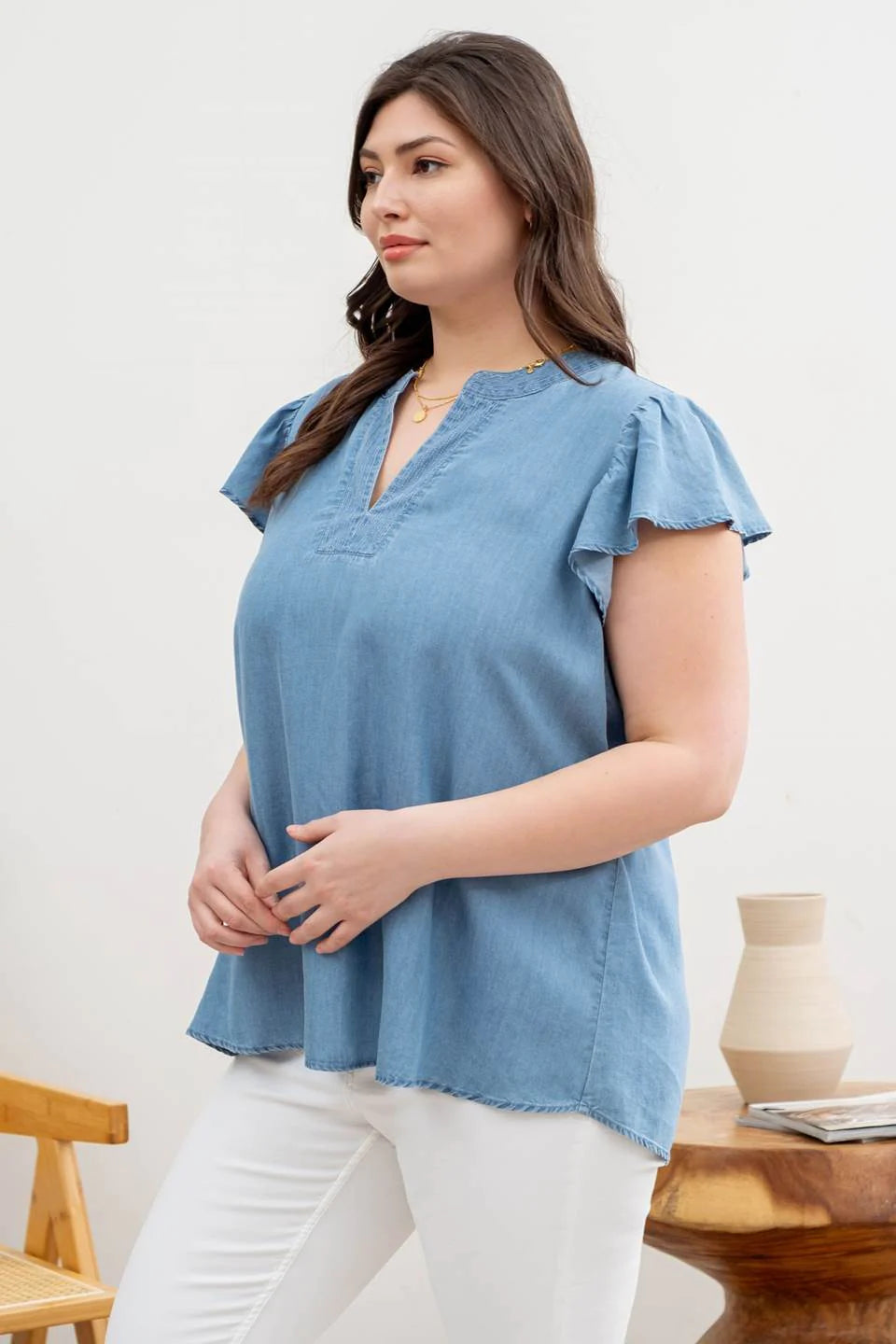 PLUS RUFFLE SLEEVE CHAMBRAY WOVEN TOP