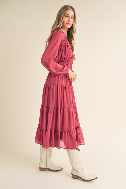 Tiered Ruffle Sleeve Midi Dress