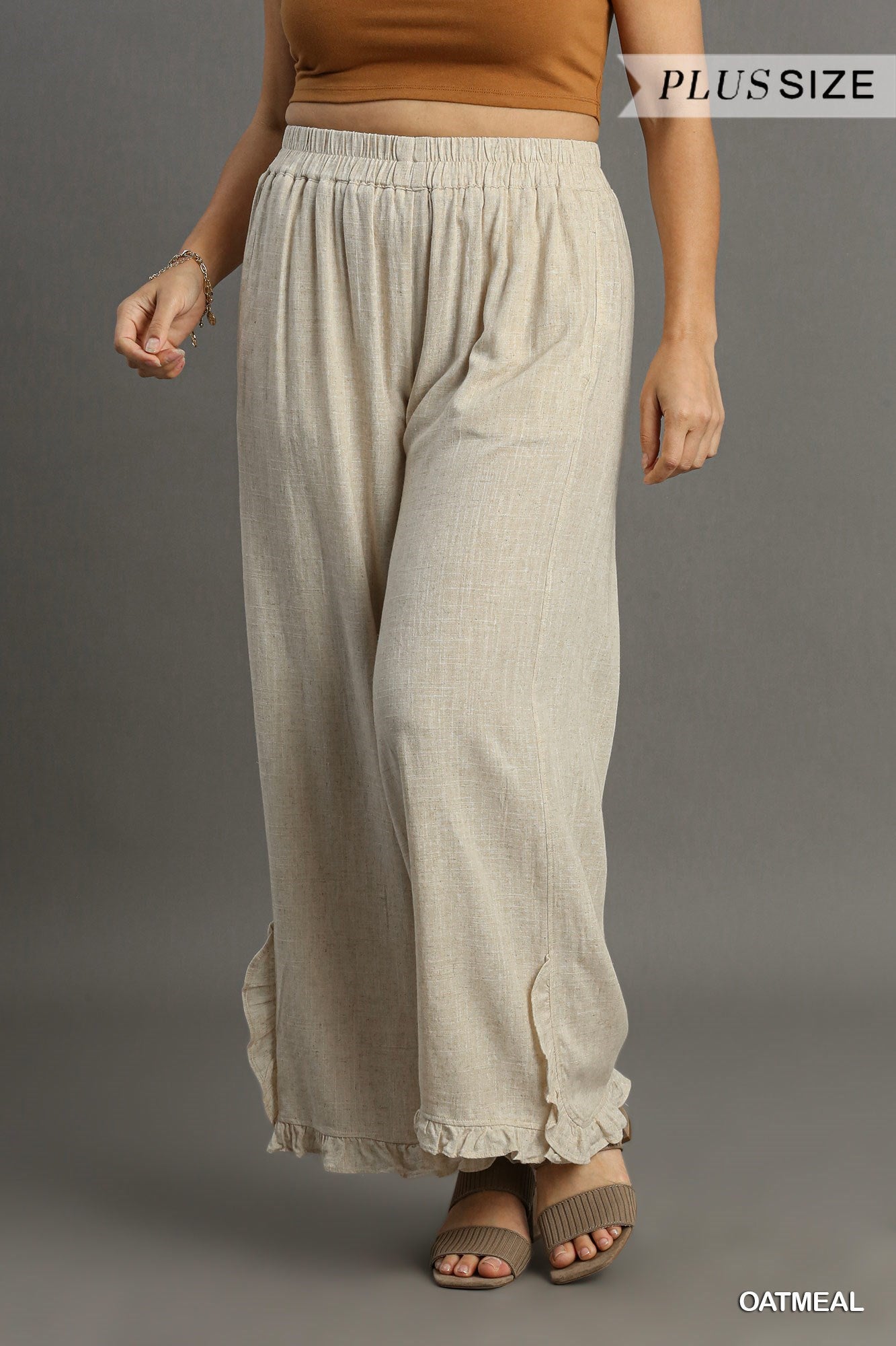 PLUS Linen Blend Elastic Waist Ruffle Hem Pants with Pockets