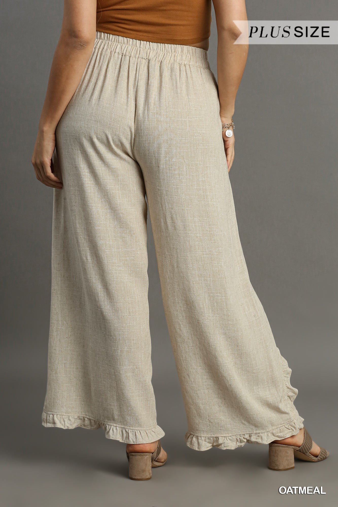 PLUS Linen Blend Elastic Waist Ruffle Hem Pants with Pockets