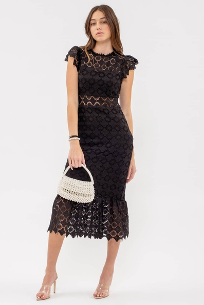 Black Eyelet Lace Ruffle Midi Dress