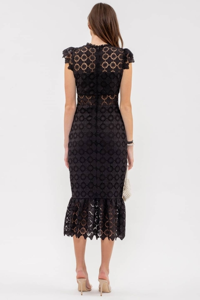 Black Eyelet Lace Ruffle Midi Dress