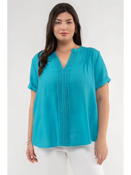 Plus Split Neck Front Line Lace Blouse