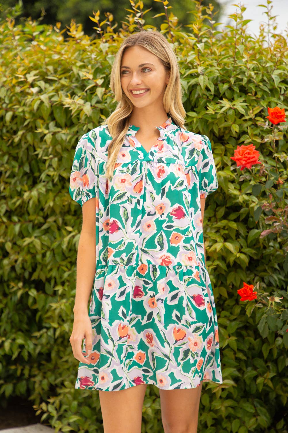 Short Sleeve Tiered Floral Print Dress