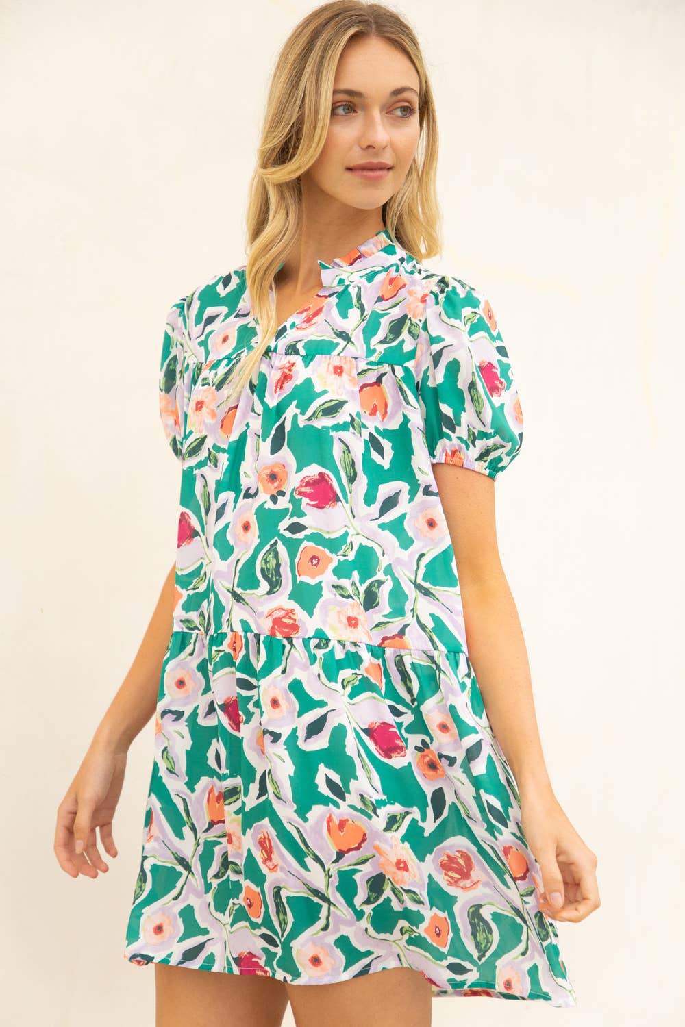 Short Sleeve Tiered Floral Print Dress