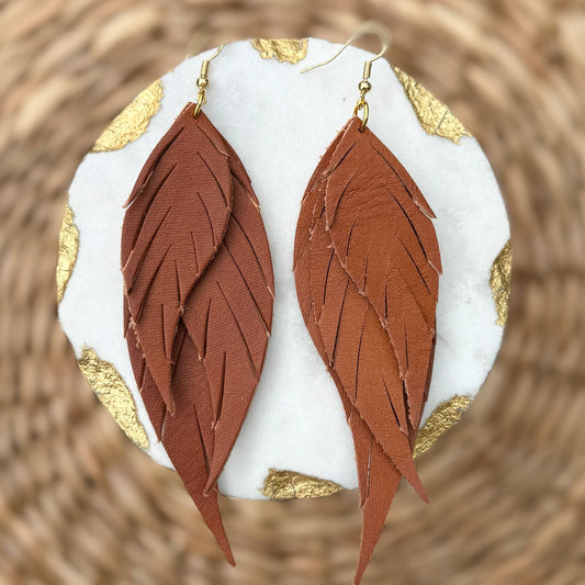 Wings of an Angel Leather Earrings - Tan