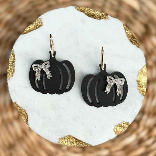 Black Pumpkin Acrylic Earrings w/ Gold Bow