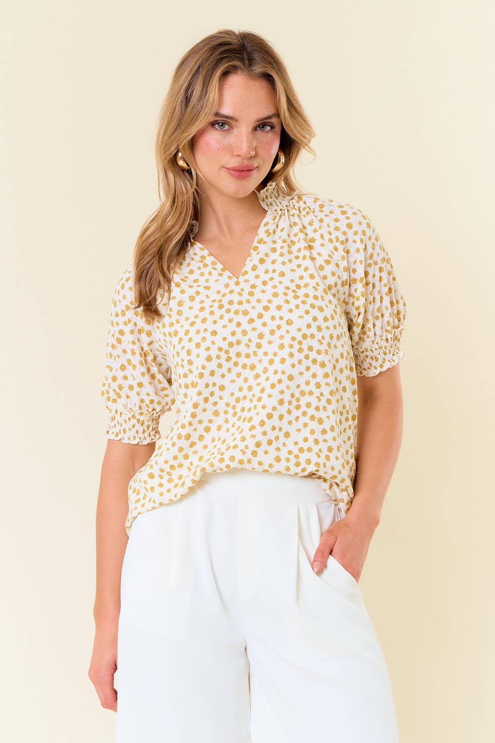 Jacquard Dot Print Short Sleeve Blouse