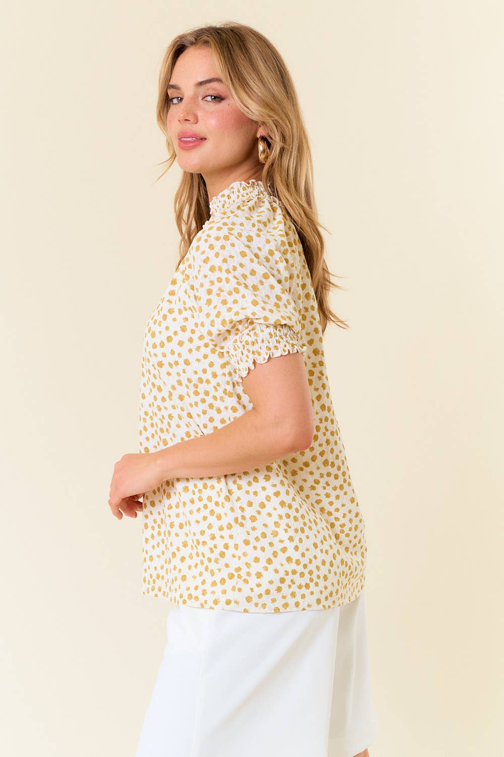 Jacquard Dot Print Short Sleeve Blouse