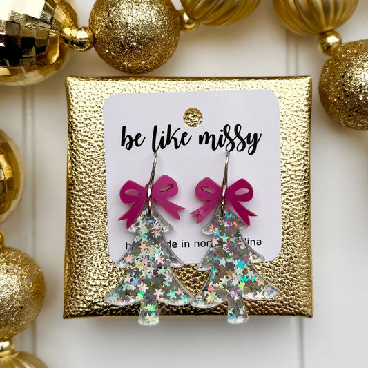 Christmas Tree Acrylic Earrings - Silver Stars with Bows