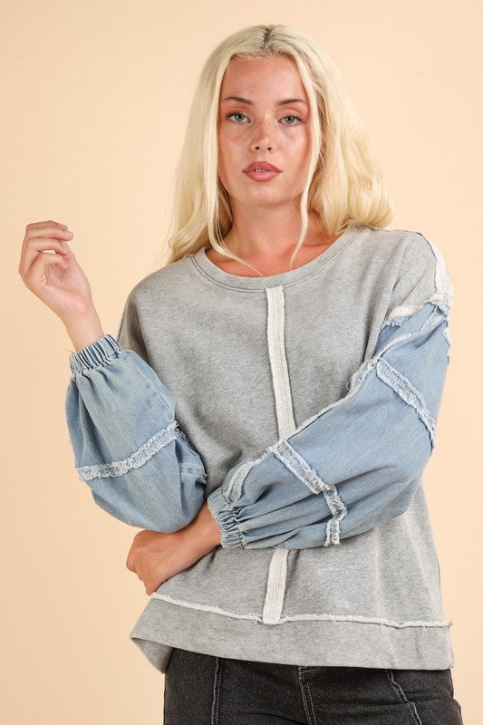 Acid Washed Oversized Denim Sleeve Casual Top