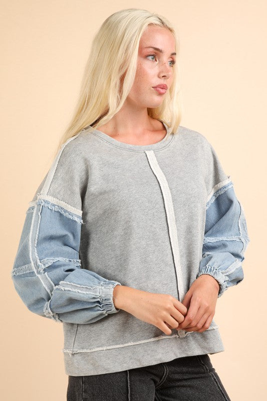 Acid Washed Oversized Denim Sleeve Casual Top