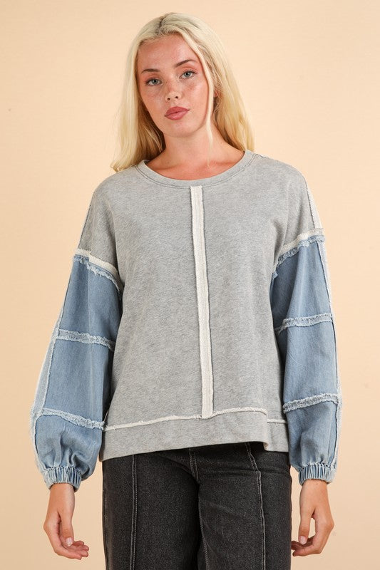 Acid Washed Oversized Denim Sleeve Casual Top