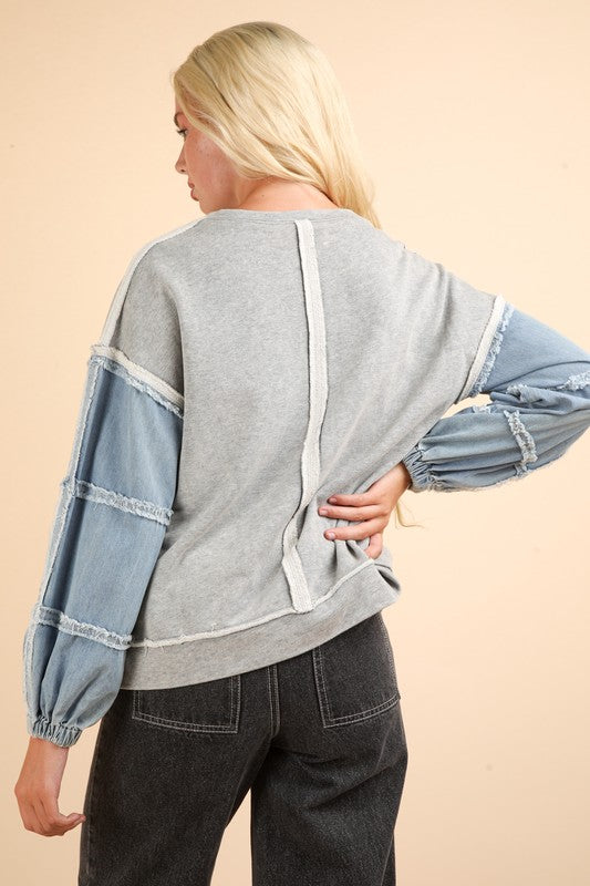 Acid Washed Oversized Denim Sleeve Casual Top