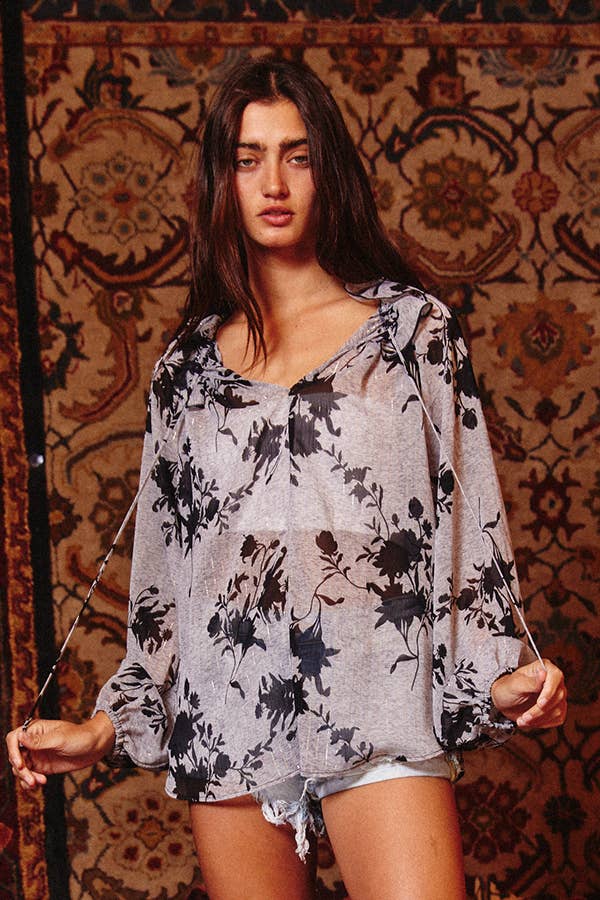Lurex Chiffon Floral Blouse with Ruffled Neck