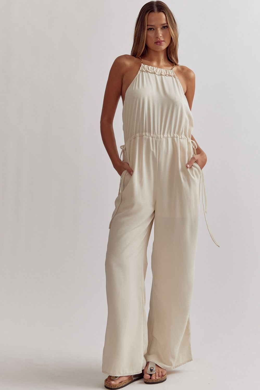 Sleeveless Wide Leg Romper w/ Chainlink Straps