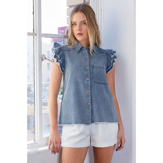 Washed Denim Ruffle Short Sleeve Collared Shirt