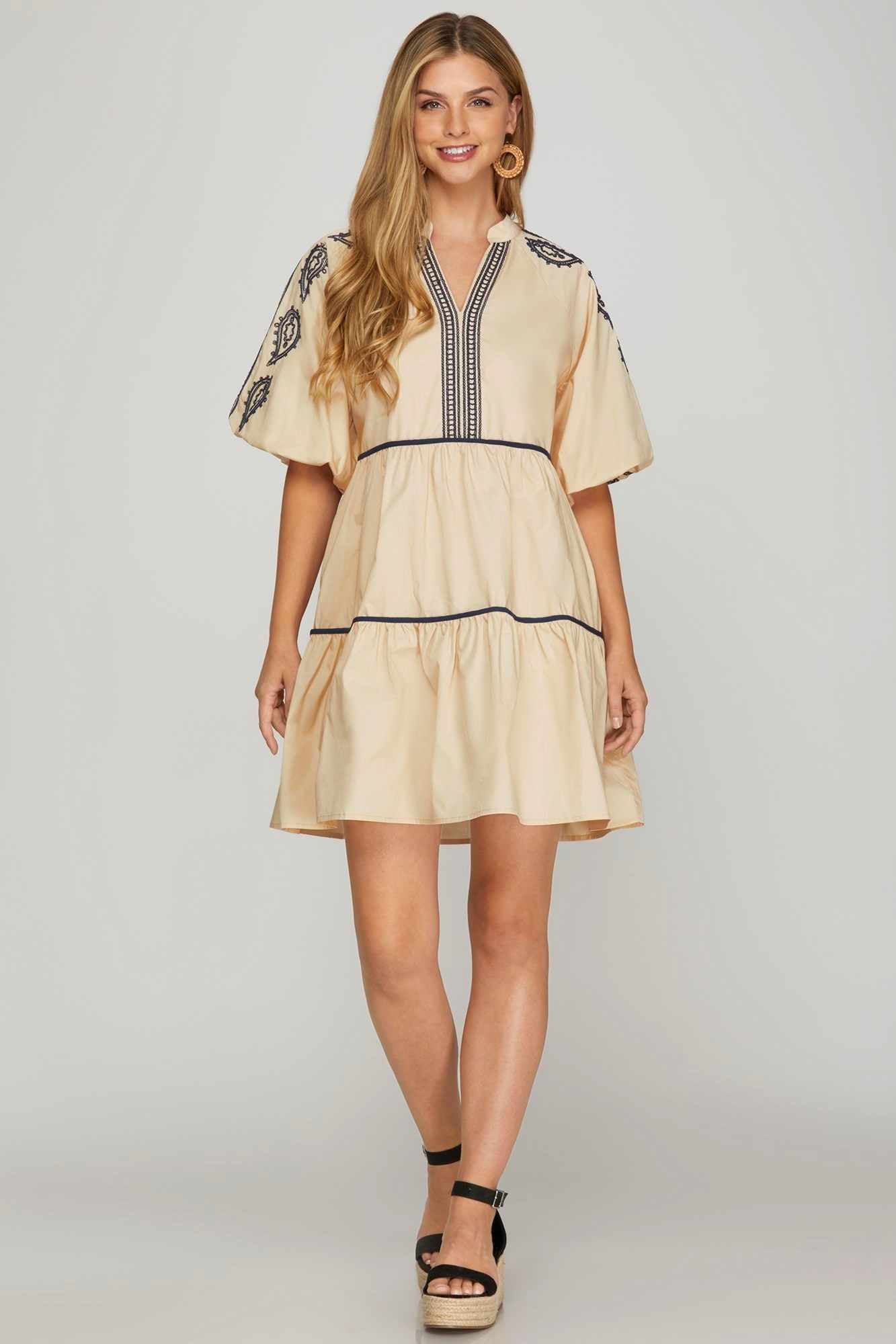 Bubble Sleeve Embroidered Dress