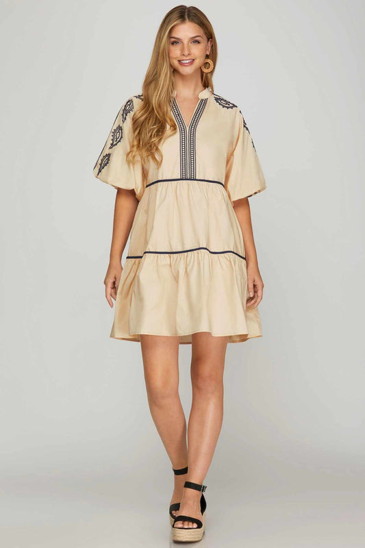 Bubble Sleeve Embroidered Dress