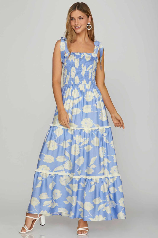 Woven Print Smocking Tiered Maxi Dress