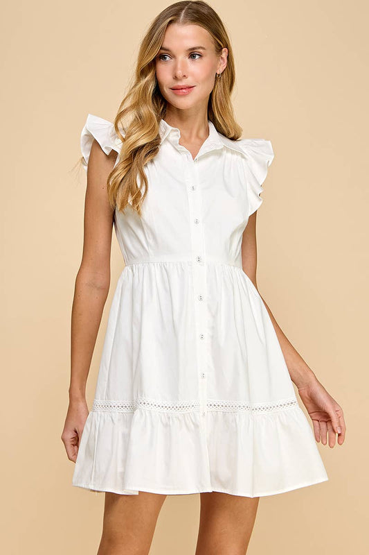 Fit and Flare Button Up Ruffled Sleeves Dress