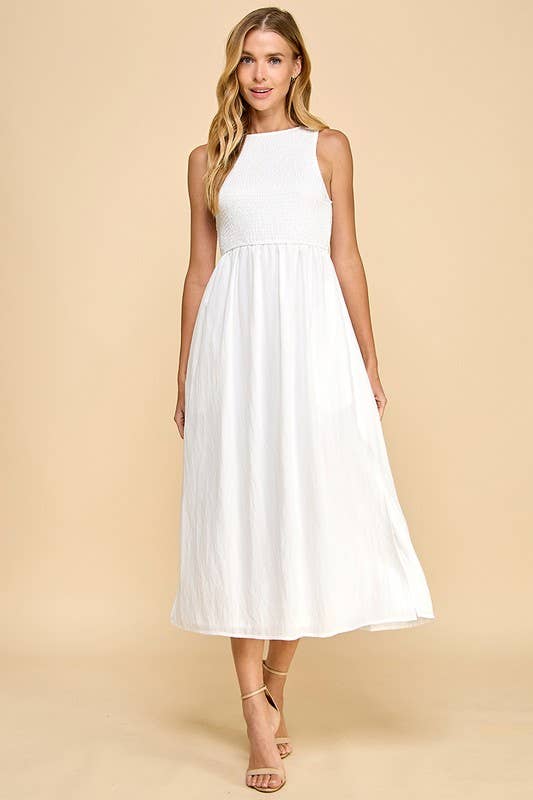 Sleeveless Smocked Bodice Side Slit Midi Dress