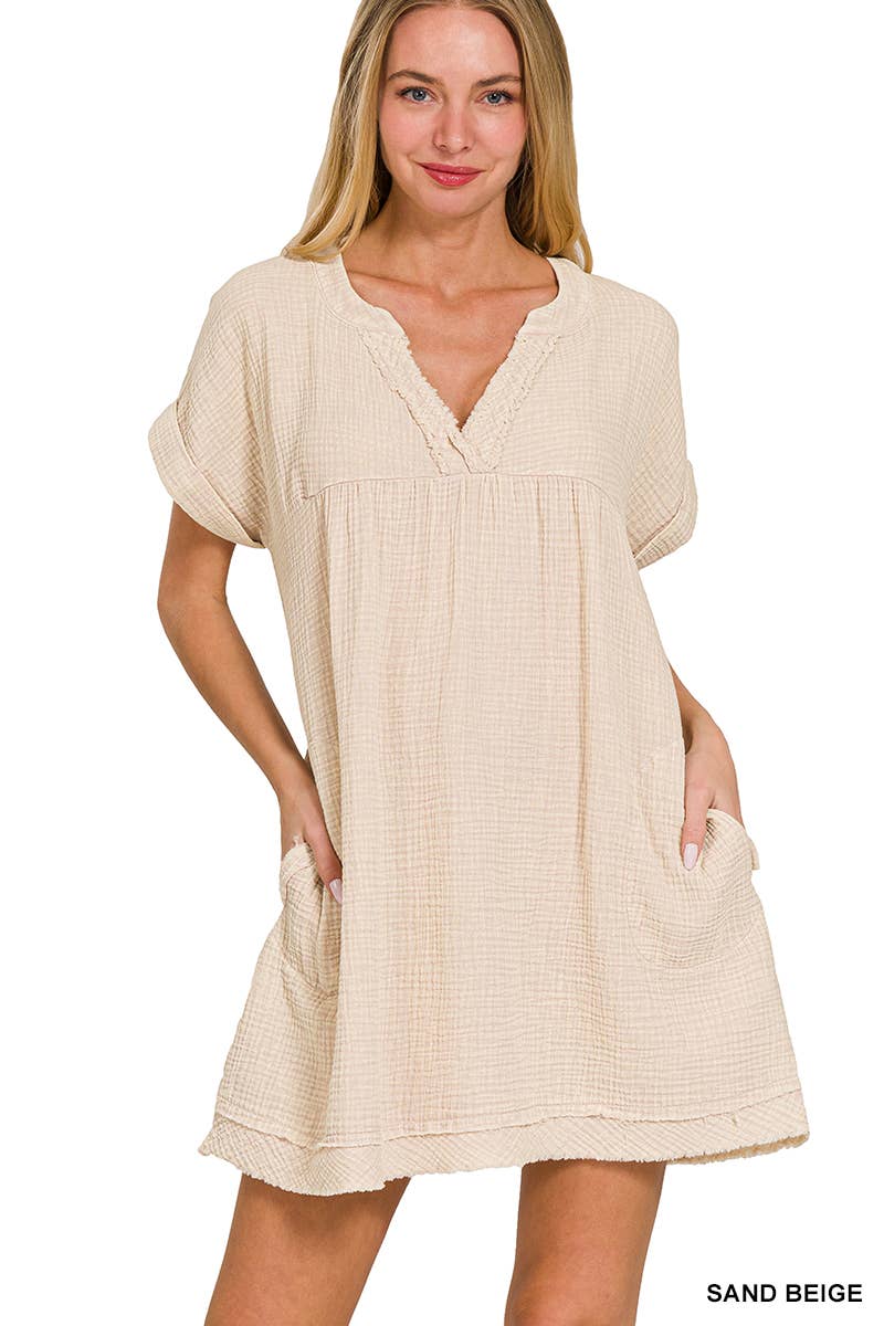 Double Gauze Raw Edge Dress w/ Pockets