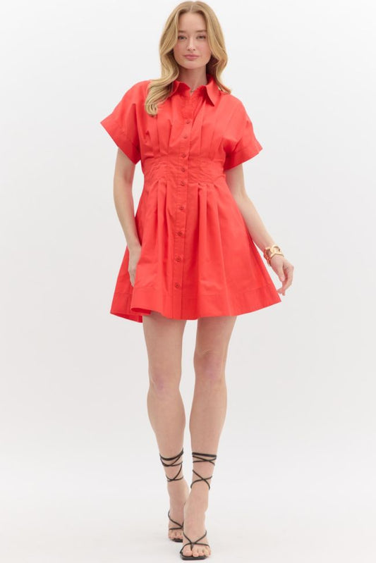 Red Button Front Pleated Dress