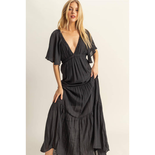 V-Neck Flowy Sleeves Tiered Maxi Dress